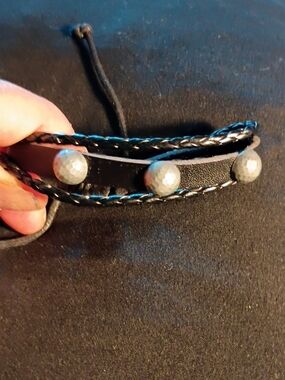 Black Leather Braided Men's Bracelet with Silver Studs